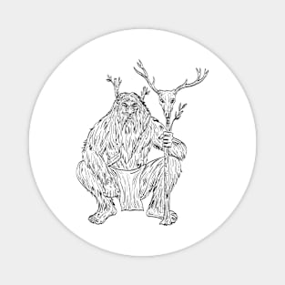 Basajaun or Lord of the Woods in Basque Mythology Squatting with Staff of Deer Skull Drawing Magnet